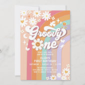 Groovy ONE Hippie 70のレインボーレトロ1st誕生日 招待状 (正面)