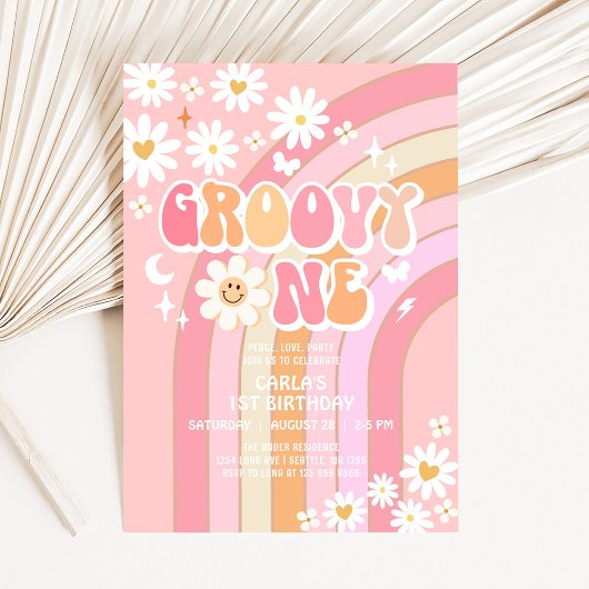 Groovy ONE Hippie 70のレトロ1歳 招待状