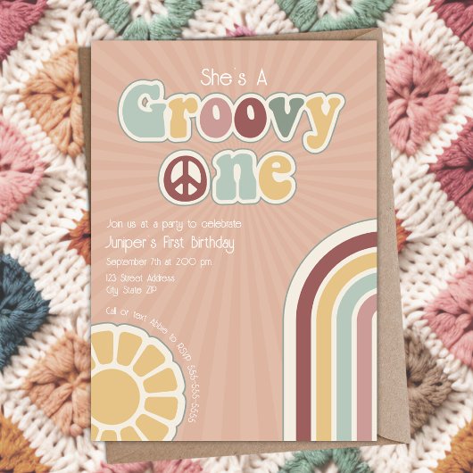 Groovy One Hippie Peace First Birthday Party Girl 招待状