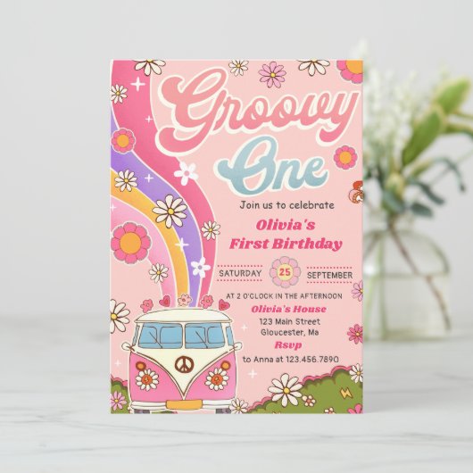 Groovy One Rainbowフローラ1st誕生日パーティー 招待状 (スタンド正面)