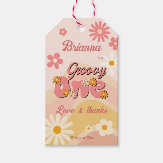 Groovy one retroデイジー1歳の誕生日のお祝い ギフトタグ (正面)