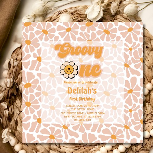 Groovy one retroヴィンテージオレンジの最初の誕生日 招待状