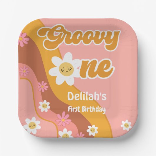 Groovy one retroヴィンテージ最初の誕生日 ペーパープレート (正面)