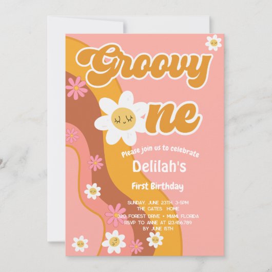 Groovy one retroヴィンテージ最初の誕生日 招待状 (正面)