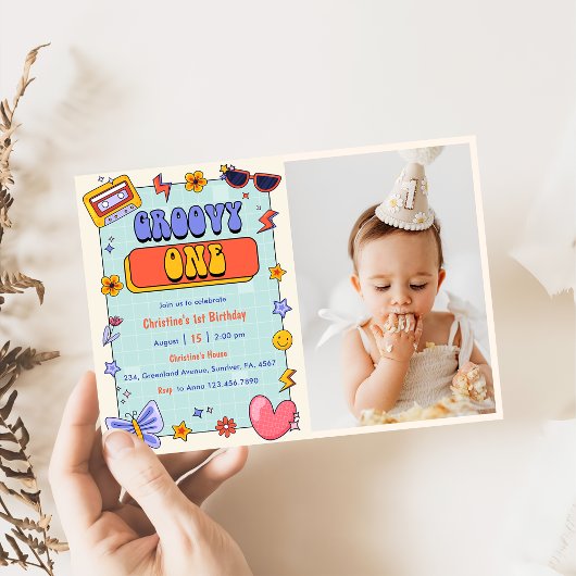 Groovy One Retro Hippie 1st Birthday Party写真 招待状
