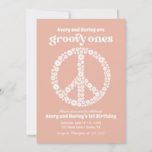Groovy Ones 70sピンクデイジー1st誕生日パーティー 招待状 (正面)