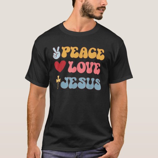 Groovy Peace Love Jesus Christian 70 s Hippie Tシャツ (正面)