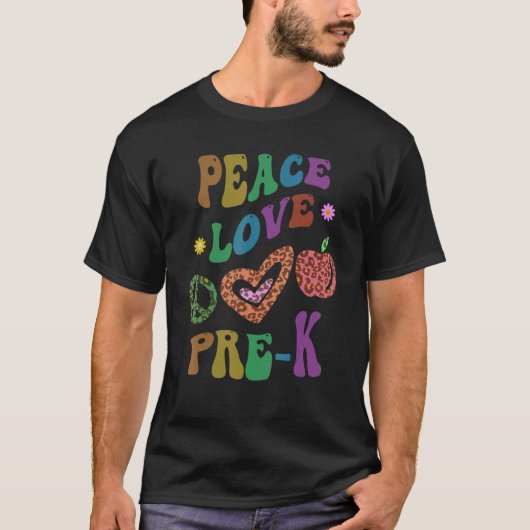 Groovy PEACE LOVE PRE K Leopard Print PreK先生 Tシャツ (正面)