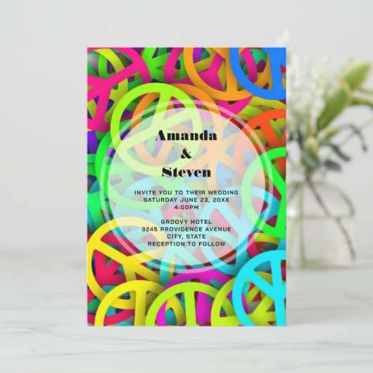 Groovy Peace Signs Rainbow Pattern 結婚's 招待状 (スタンド正面)