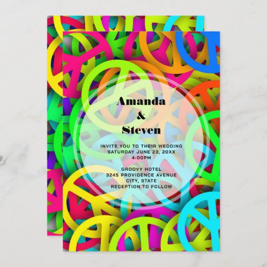 Groovy Peace Signs Rainbow Pattern 結婚's 招待状 (正面/裏面)