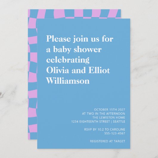 Groovy Periwinkleチェッカーボードキュート赤ちゃんシャワー 招待状 (正面/裏面)