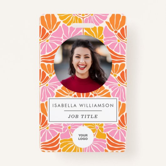 Groovy Pink Bohoフローラユニーク従業員写真ID バッジ (正面)