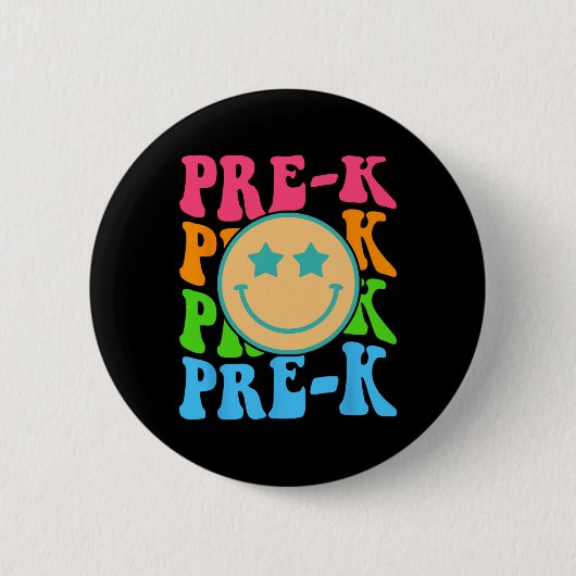 Groovy Pre-K Vibes顔レトロ先生Kids Back T 缶バッジ (正面)