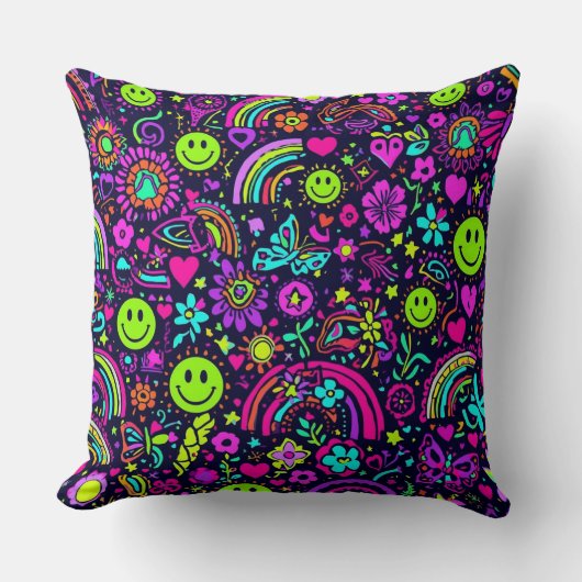 Groovy Psychedelic Smiley Face Throw Pillow クッション (正面)