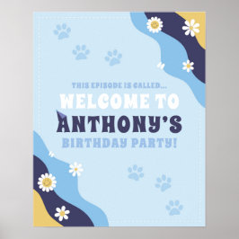 Groovy Puppy Welcome Sign Poster Birthday Blue ポスター