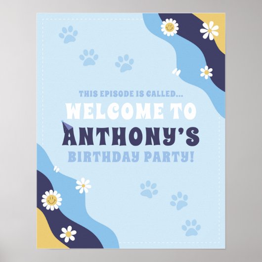 Groovy Puppy Welcome Sign Poster Birthday Blue ポスター (正面)