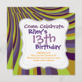 Groovy Purple and Green Rainbowスライドパストライプット 招待状 (正面/裏面)