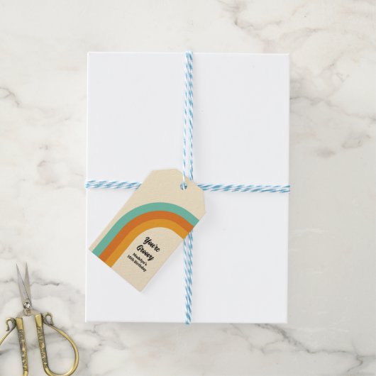 Groovy Rainbow 1970sスタイルターコイズ&オレンジ金ゴールド ギフトタグ (より糸付き)