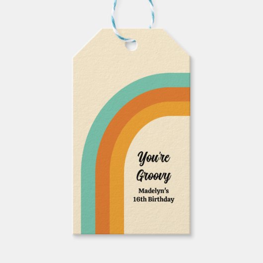 Groovy Rainbow 1970sスタイルターコイズ&オレンジ金ゴールド ギフトタグ (正面)
