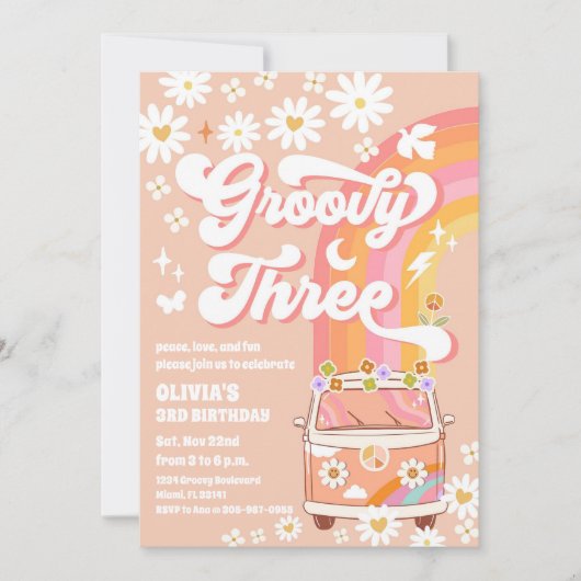 Groovy Rainbow 3rd Birthday Invitation 招待状 (正面)