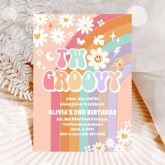 Groovy Rainbow Daisy 2nd Birthday Invitation 招待状