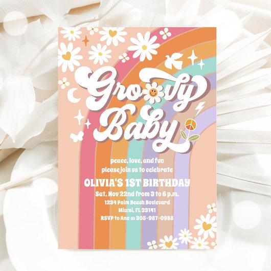 Groovy Rainbow Daisy Birthday Invitation 招待状