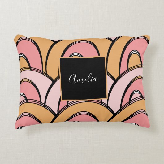 Groovy Rainbowsパターンオレンジピンク アクセントクッション (正面)