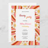 groovy red,orange,pink,yellow birthday with flower 招待状 (正面/裏面)