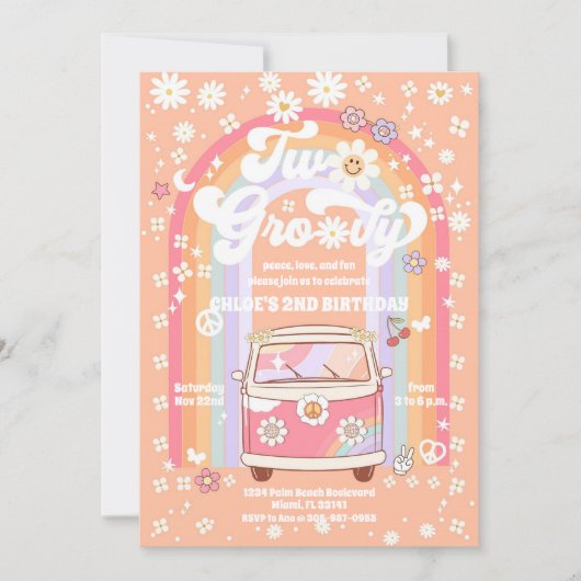Groovy Retro 2nd Birthday Invitation 招待状 (正面)