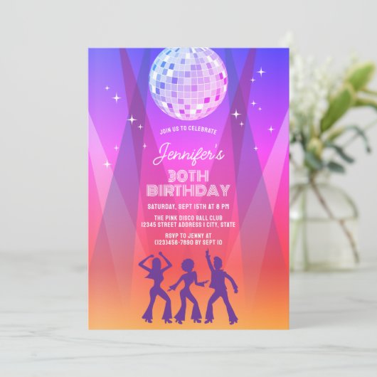 Groovy Retro 70s 80s Disco 30th Birthday Party 招待状 (スタンド正面)