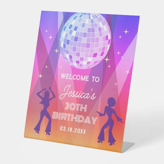 Groovy Retro 70s 80s Disco 30th Birthday Welcome 台座サイン (正面)
