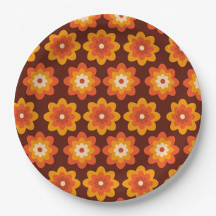Groovy retro 70s boho hippieオレンジ色の花柄 ペーパープレート