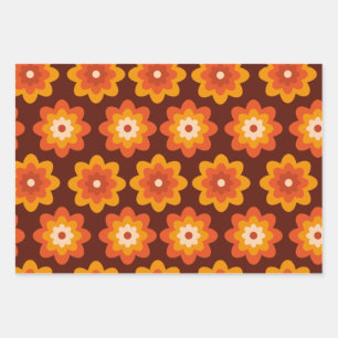 Groovy retro 70s boho hippieオレンジ色の花柄 ラッピングペーパーシート