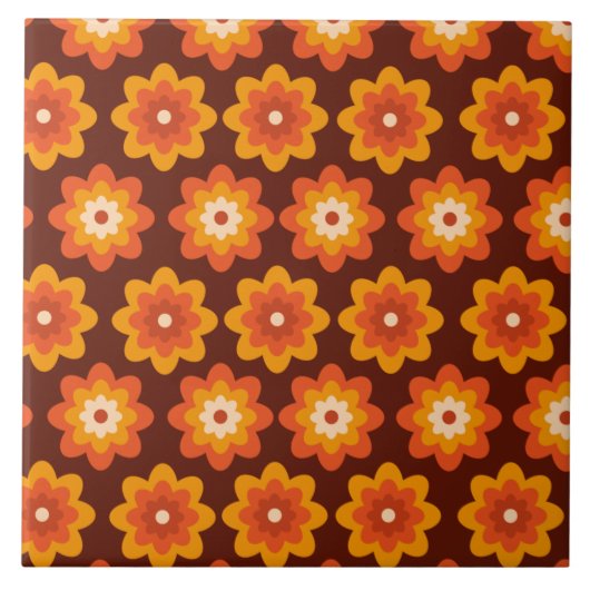 Groovy retro 70s boho hippie orange flower pattern タイル (正面)