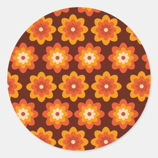 Groovy retro 70s boho hippie orange flower pattern ラウンドシール (正面)
