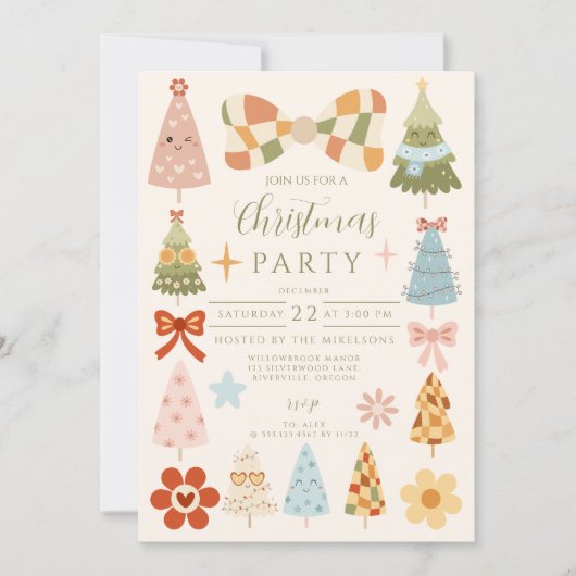 Groovy Retro Bow Christmas 招待状 (正面)