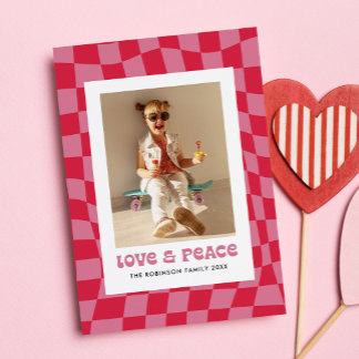 Groovy Retro Checkerboard Valentine's Day Photo シーズンカード