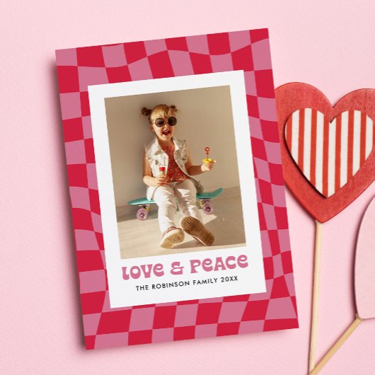 Groovy Retro Checkerboard Valentine's Day Photo シーズンカード