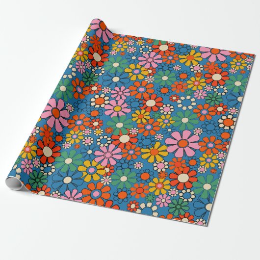 Groovy Retro Colorful 60s 70s Floral Pattern ラッピングペーパー (アンロールド)