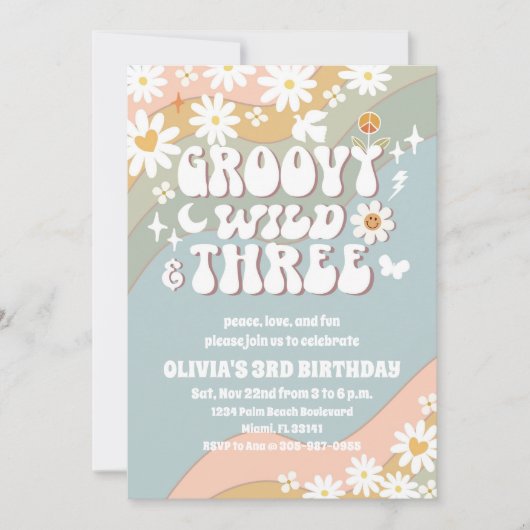 Groovy Retro Daisy 3rd Birthday Invitation 招待状 (正面)