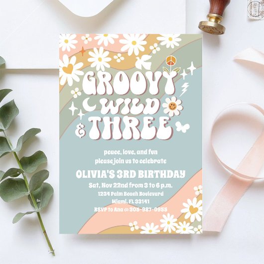 Groovy Retro Daisy 3rd Birthday Invitation 招待状
