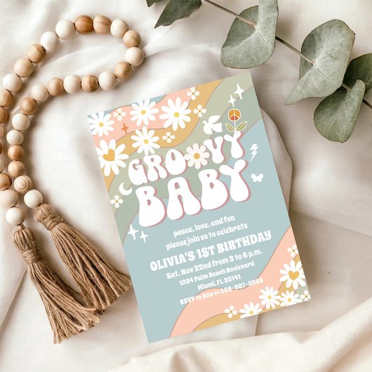 Groovy Retro Daisy Birthday Invitation 招待状