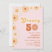 Groovy Retro Daisy Boho Orange Pink Birthday 招待状 (正面)