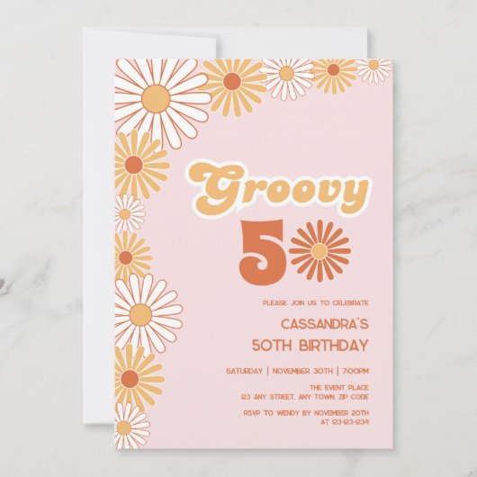 Groovy Retro Daisy Boho Orange Pink Birthday 招待状 (正面)