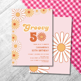 Groovy Retro Daisy Boho Orange Pink Birthday 招待状