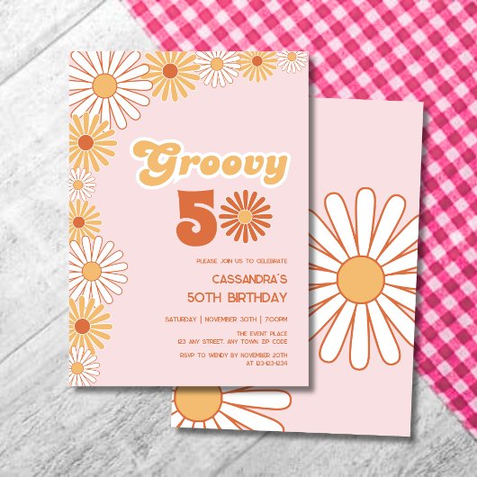 Groovy Retro Daisy Boho Orange Pink Birthday 招待状