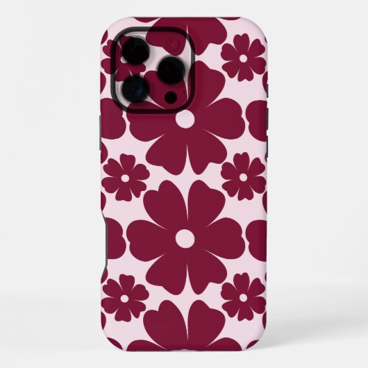 Groovy Retro Daisy Pattern Deep Berry Pink iPhoneケース (裏面)