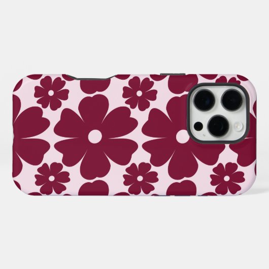 Groovy Retro Daisy Pattern Deep Berry Pink iPhoneケース (裏面横)