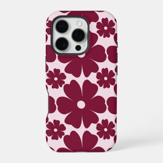 Groovy Retro Daisy Pattern Deep Berry Pink iPhoneケース (裏面)
