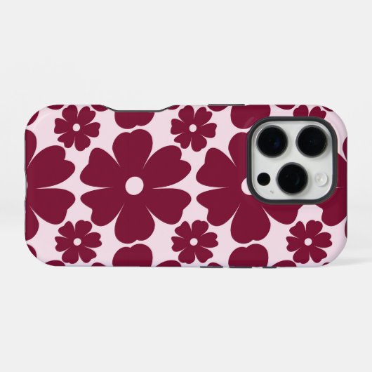 Groovy Retro Daisy Pattern Deep Berry Pink iPhoneケース (裏面横)
